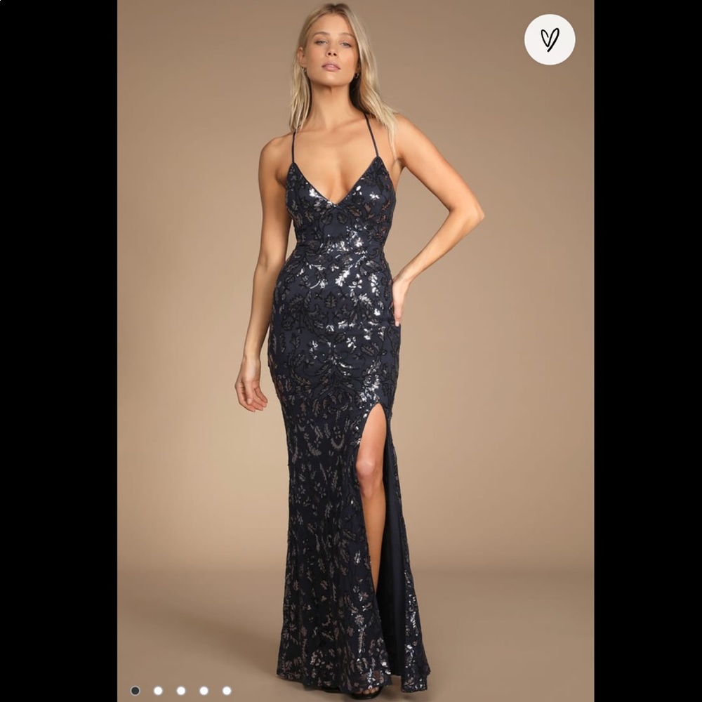 Queen for the Night Navy Blue Sequin Lace-Up Mermaid Maxi Dress